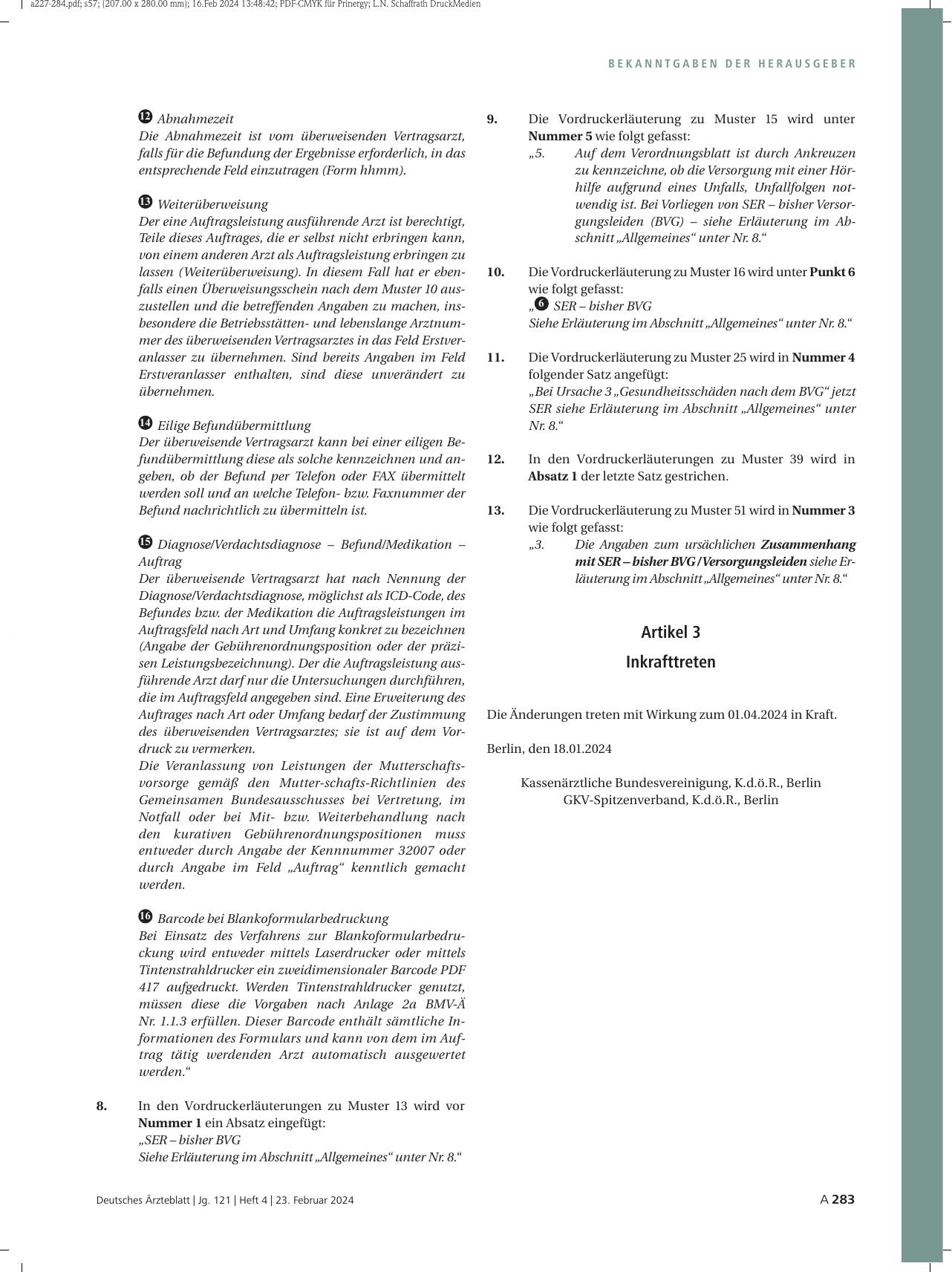 Vorschauseite 3: 71. Änderung der Vereinbarung über Vordrucke für die vertragsärztliche Versorgung vom 1. April 1995 (Anlage 2 BMV-Ä)