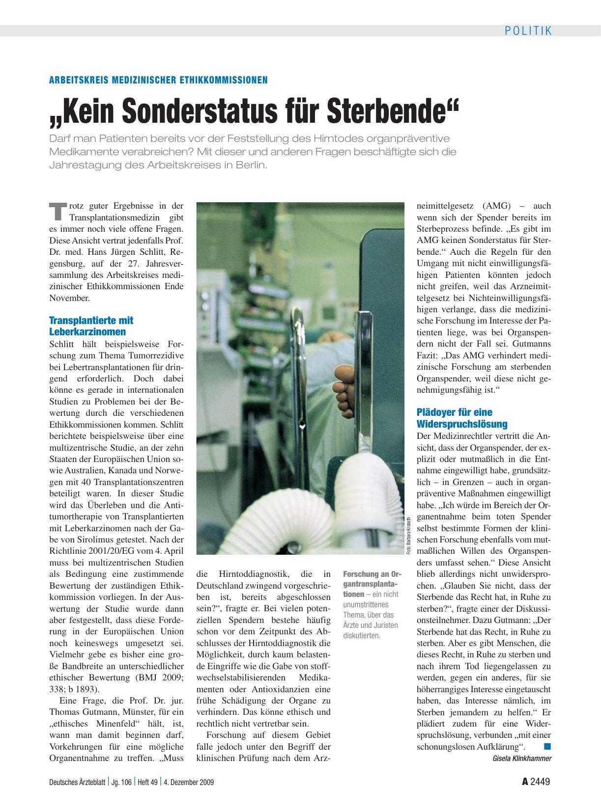 Vorschauseite 1: Arbeitskreis medizinischer Ethikkommissionen: „Kein Sonderstatus für Sterbende“