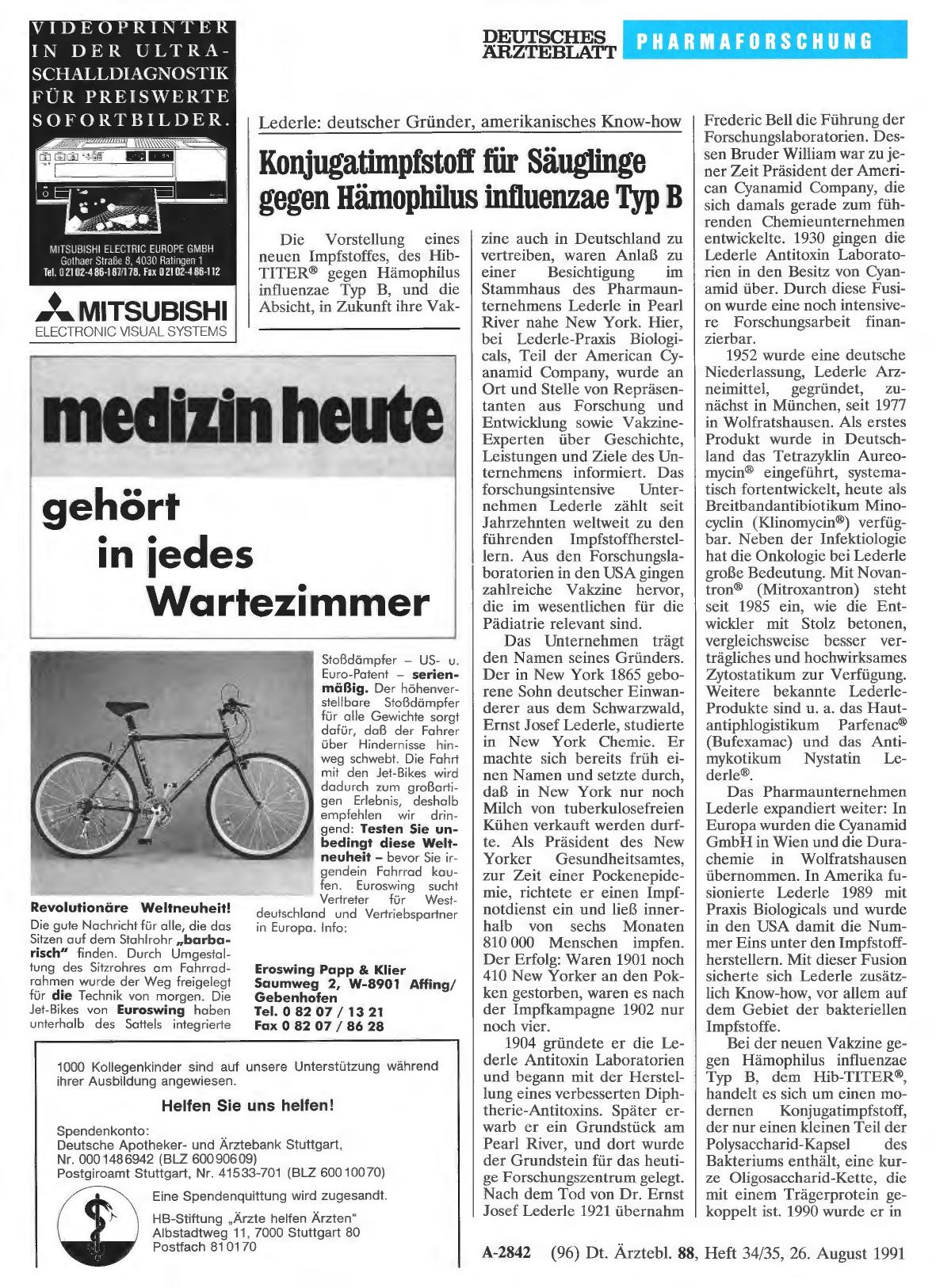 Vorschauseite 1: Lederle: deutscher Gründer, amerikanisches Know-how: Konjugatimpfstoff für Säuglinge gegen Hämophilus influenzae Typ B