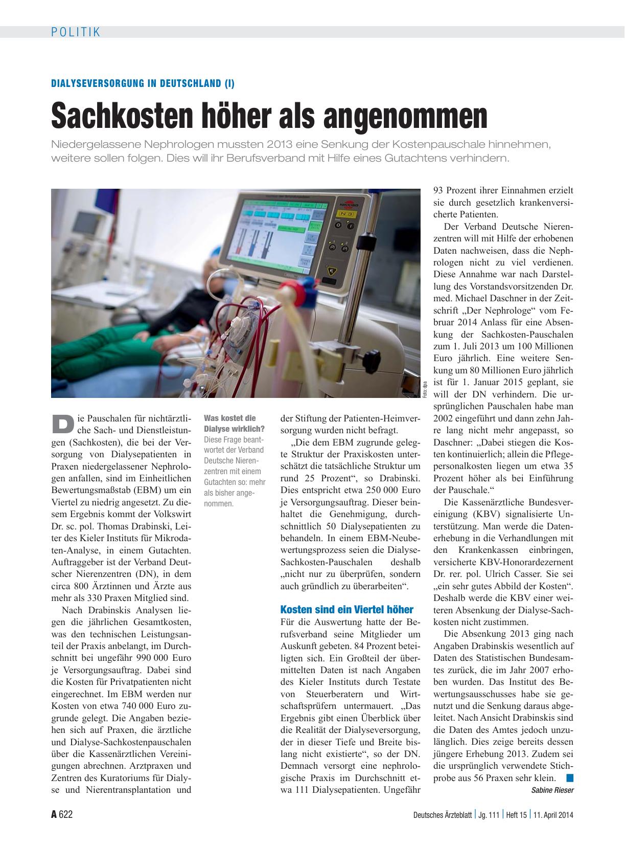 Vorschauseite 1: Dialyseversorgung in Deutschland (I): Sachkosten höher als angenommen