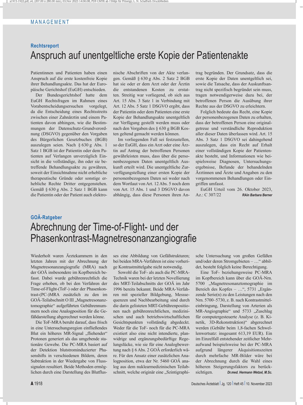 Vorschauseite 1: Rechtsreport: Anspruch auf unentgeltliche erste Kopie der Patientenakte