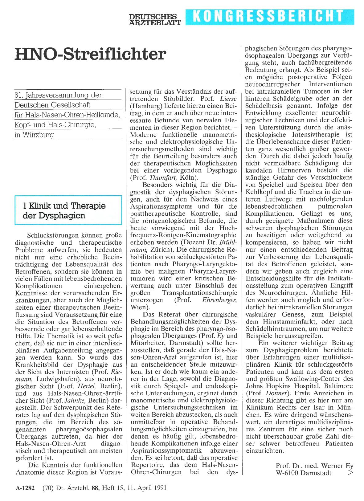 Vorschauseite 1: HNO-Streiflichter: 1 Klinik und Therapie der Dysphagien