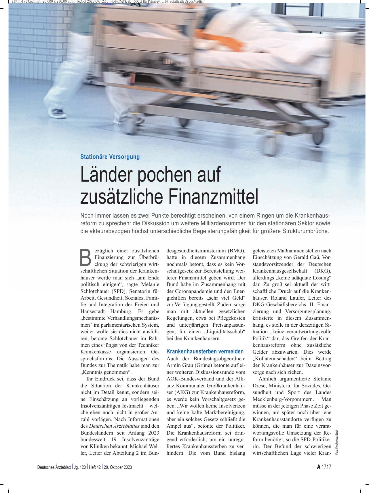 Vorschauseite 1: Stationäre Versorgung: Länder pochen auf zusätzliche Finanzmittel