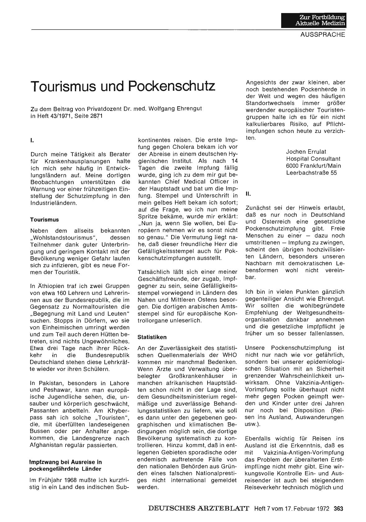Vorschauseite 1: Tourismus und Pockenschutz: I.