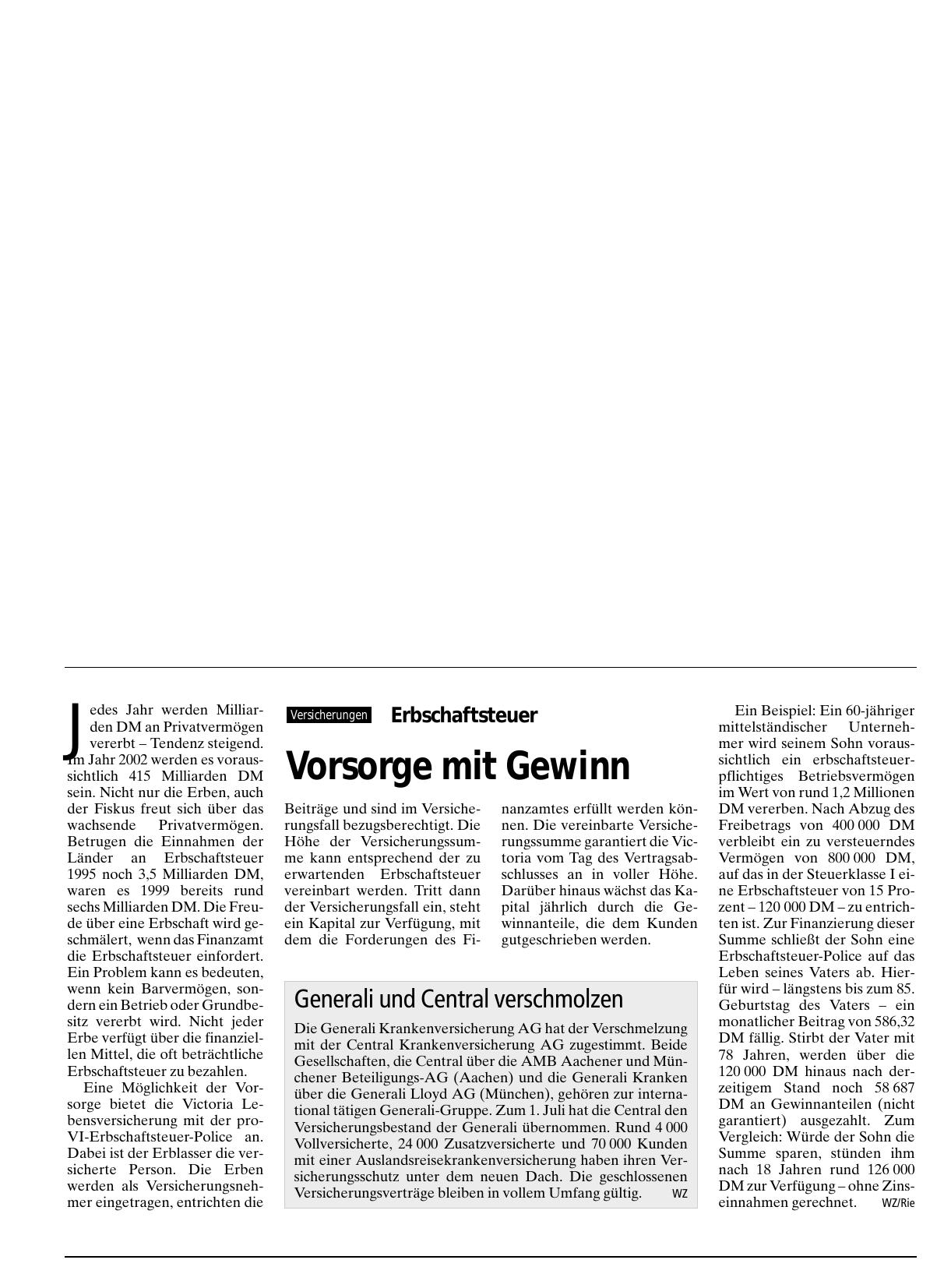 Vorschauseite 1: Generali und Central verschmolzen
