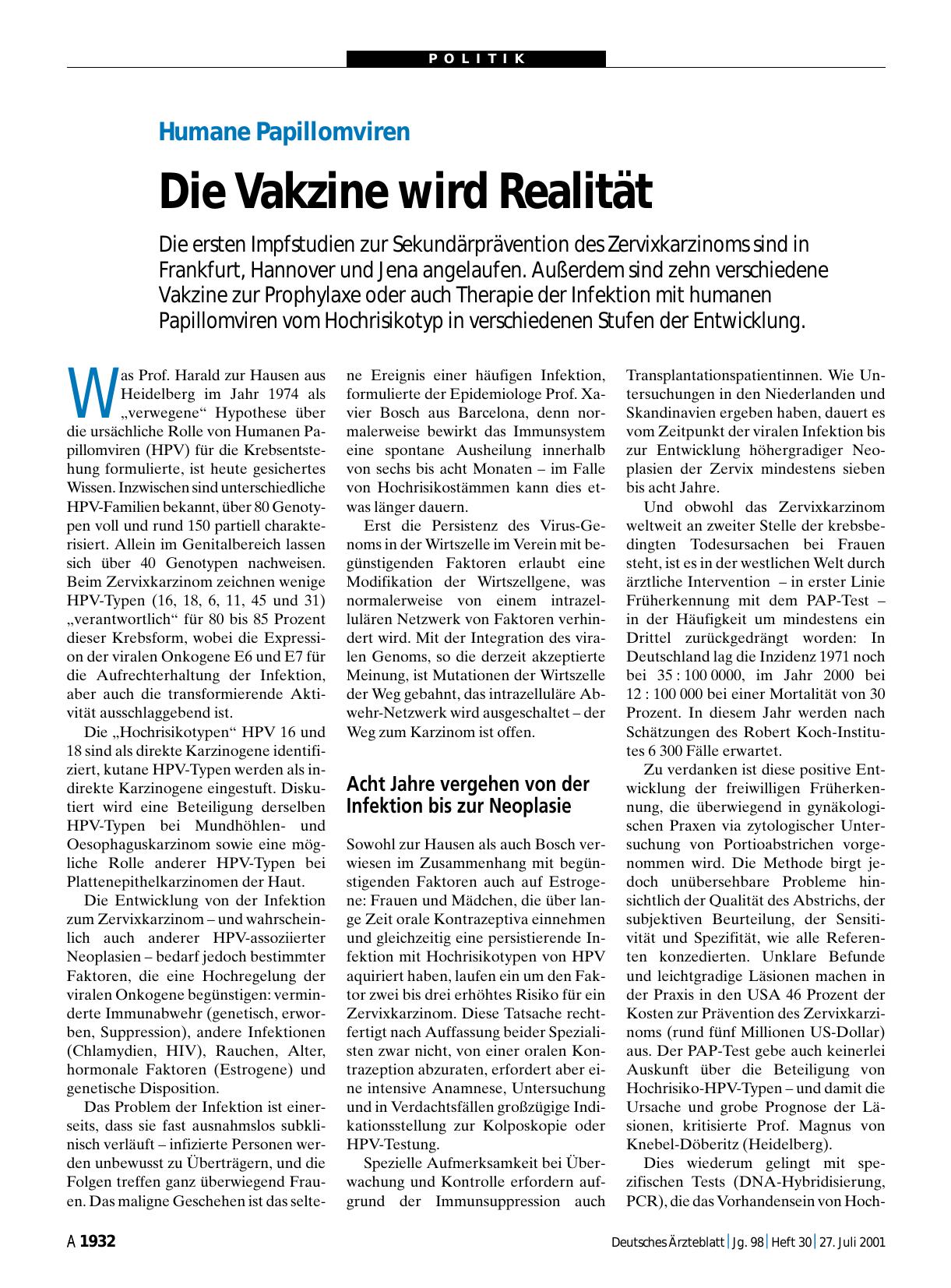 Vorschauseite 1: Humane Papillomviren: Die Vakzine wird Realität