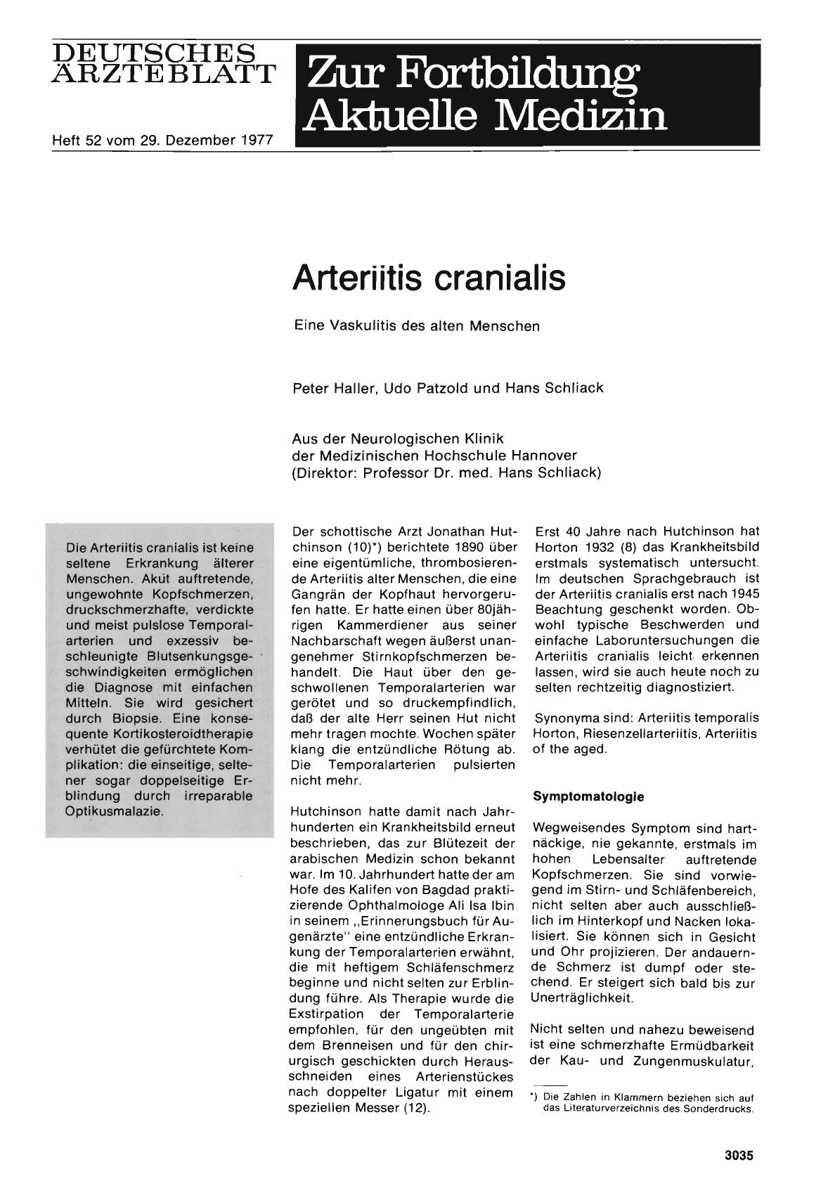 Vorschauseite 1: Arteriitis cranialis: Eine Vaskulitis des alten Menschen