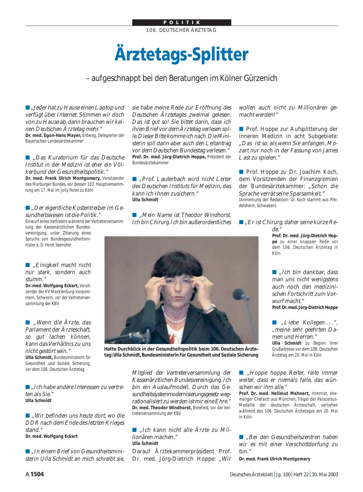 Vorschauseite 1: Ärztetags-Splitter: – aufgeschnappt bei den Beratungen im Kölner Gürzenich