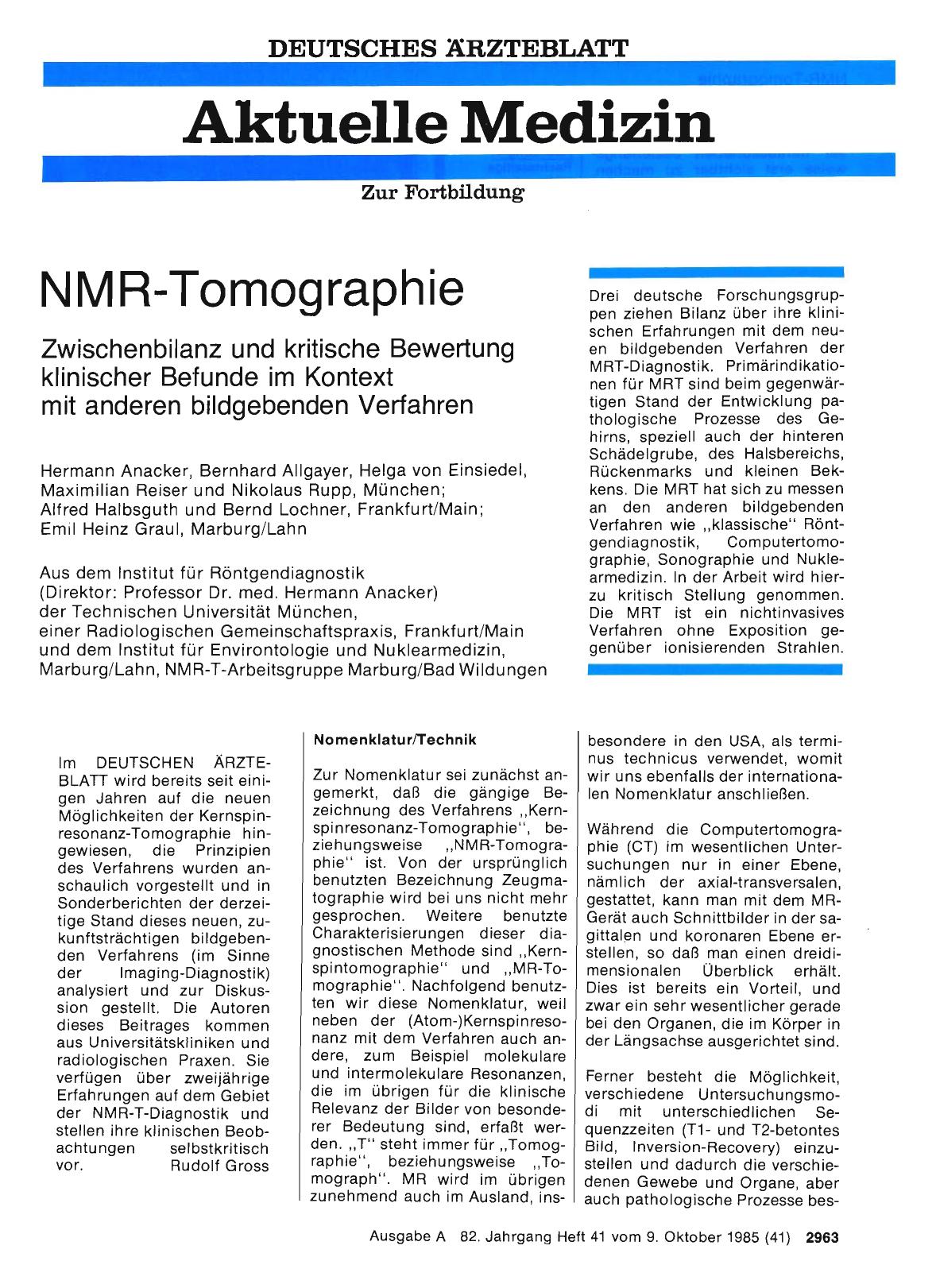 Vorschauseite 1: NMR-Tomographie Zwischenbilanz und kritische Bewertung klinischer Befunde im Kontext mit anderen bildgebenden Verfahren