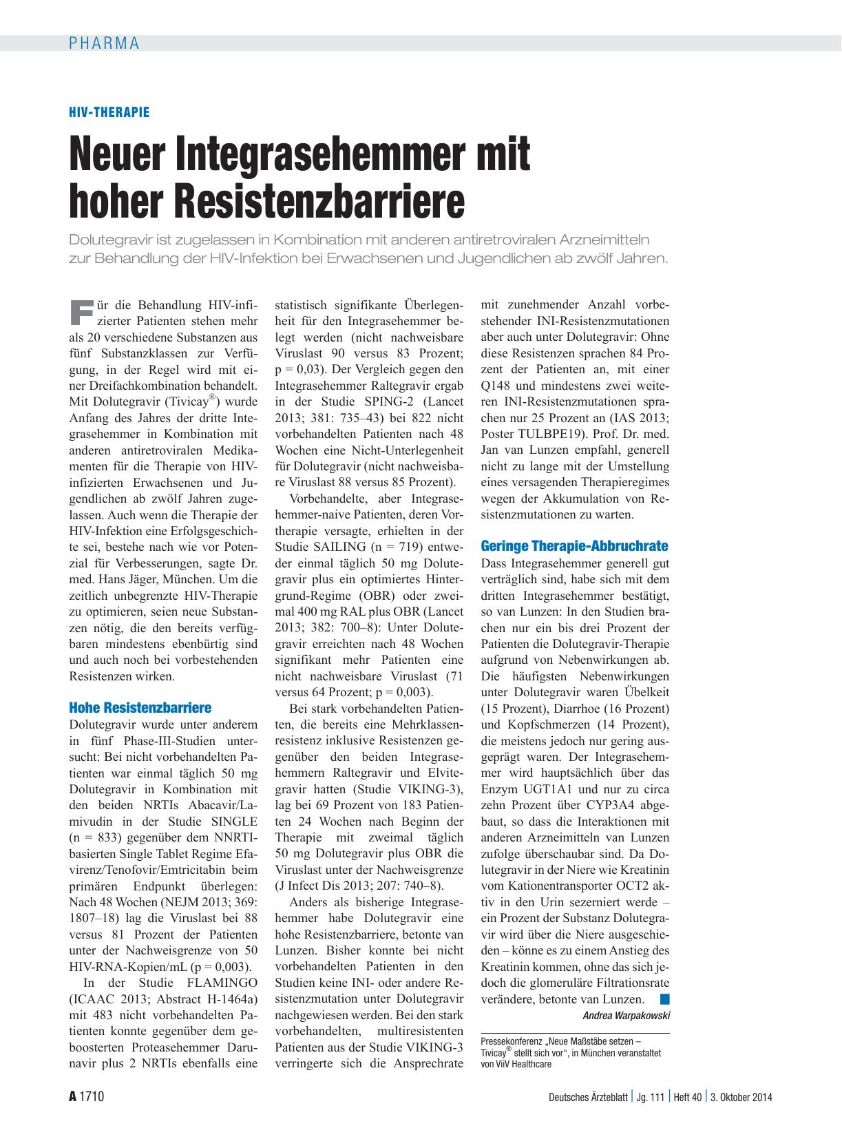 Vorschauseite 1: HIV-Therapie: Neuer Integrasehemmer mit hoher Resistenzbarriere