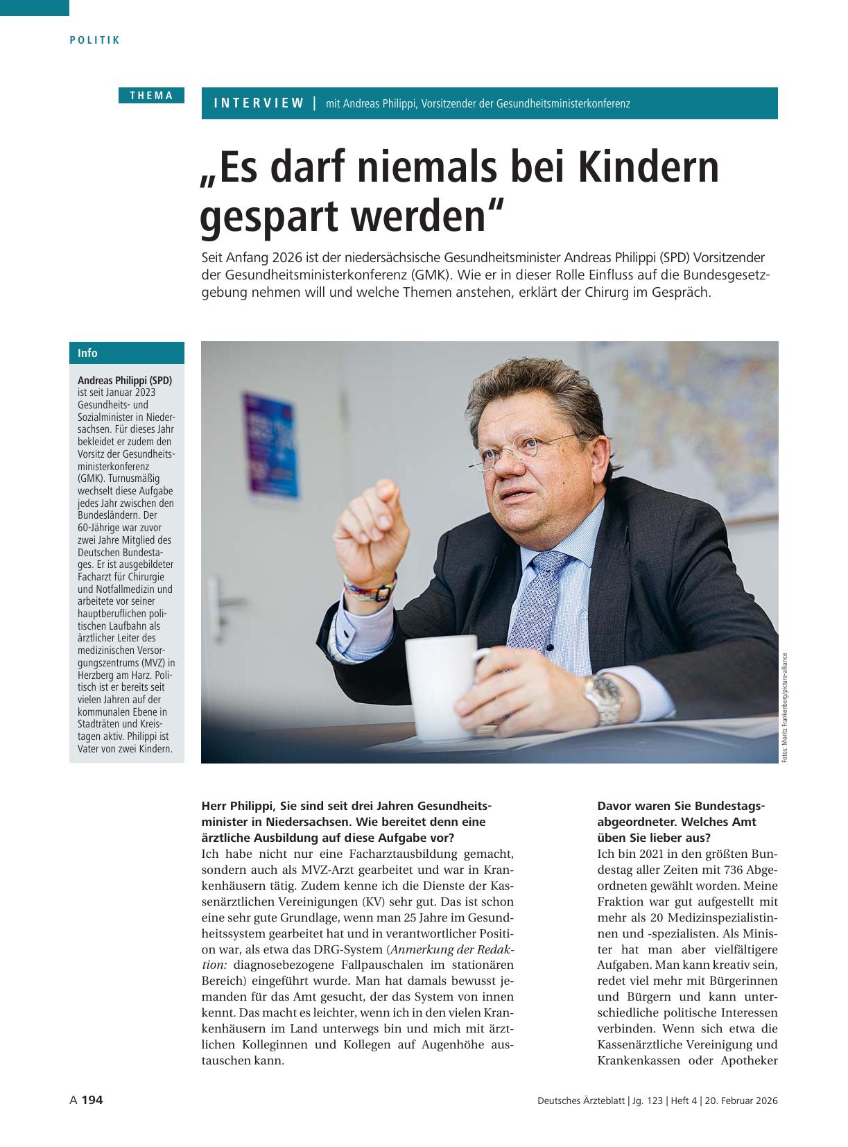 Vorschauseite 1: Interview mit Andreas Philippi, Vorsitzender der Gesundheitsministerkonferenz: „Es darf niemals bei Kindern gespart werden“