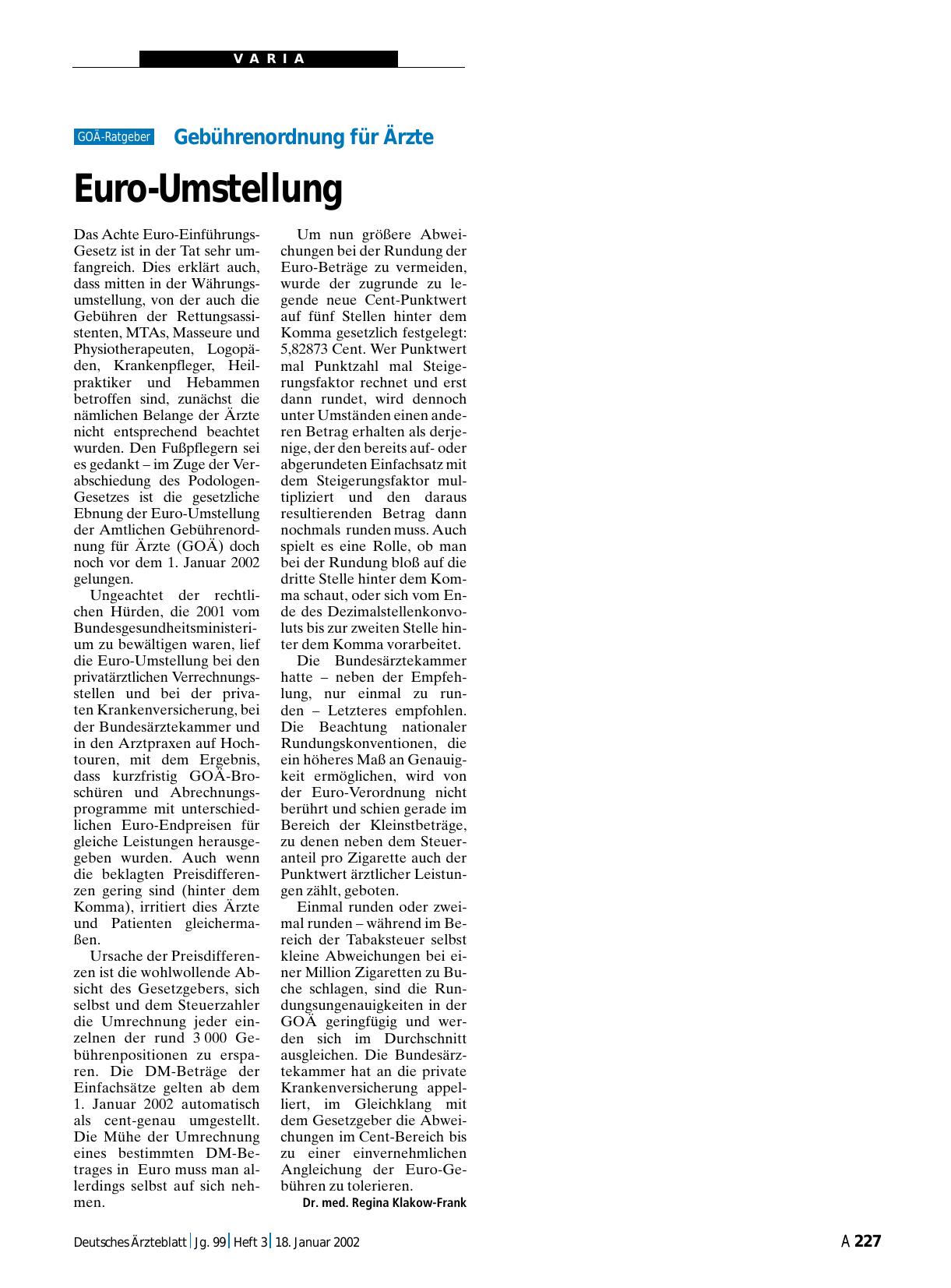 Vorschauseite 1: Gebührenordnung für Ärzte: Euro-Umstellung