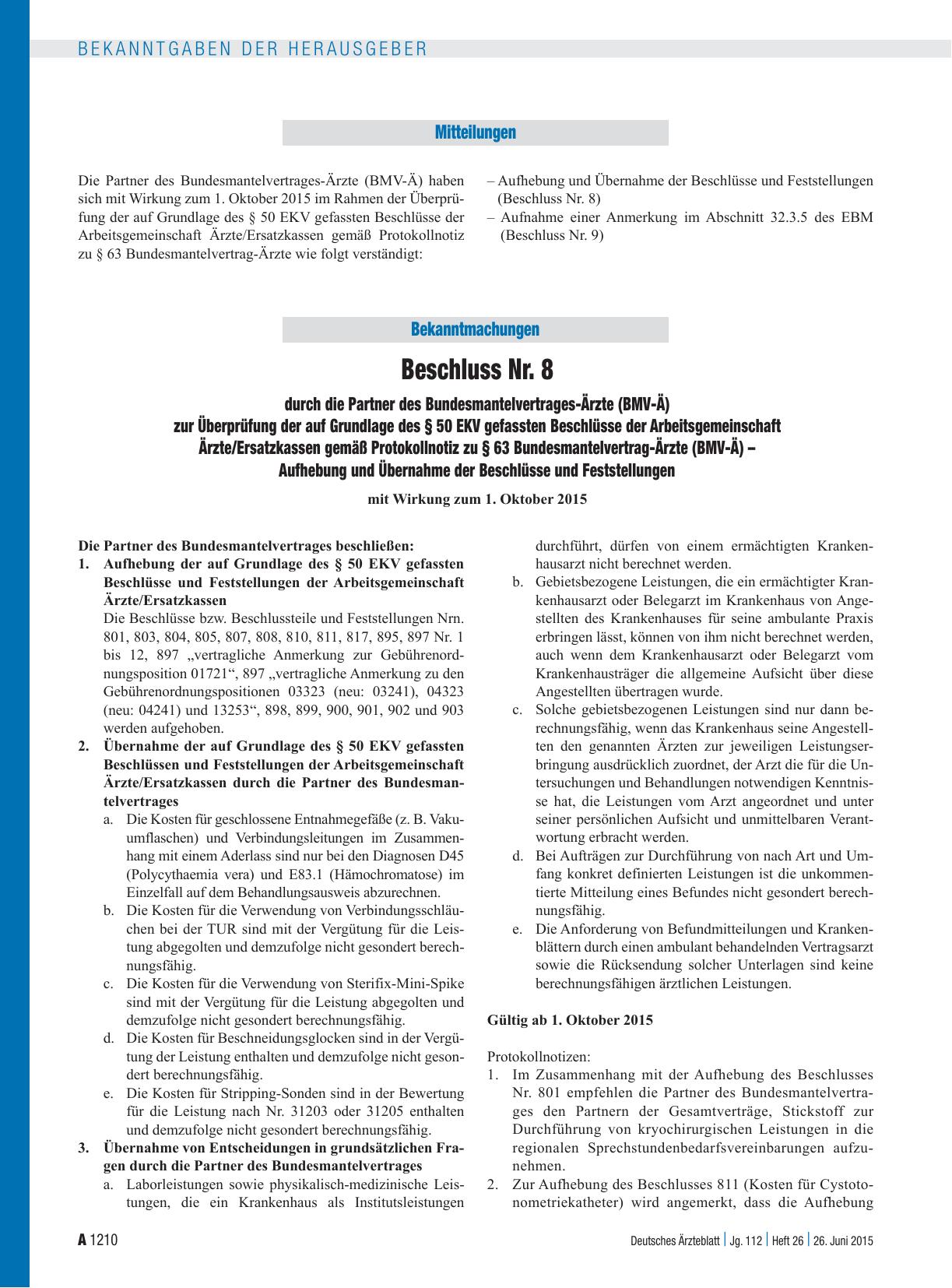 Vorschauseite 1: Beschluss Nr. 8 durch die Partner des Bundesmantelvertrages-Ärzte (BMV-Ä) zur Überprüfung der auf Grundlage des § 50 EKV gefassten Beschlüsse der Arbeitsgemeinschaft Ärzte/Ersatzk…