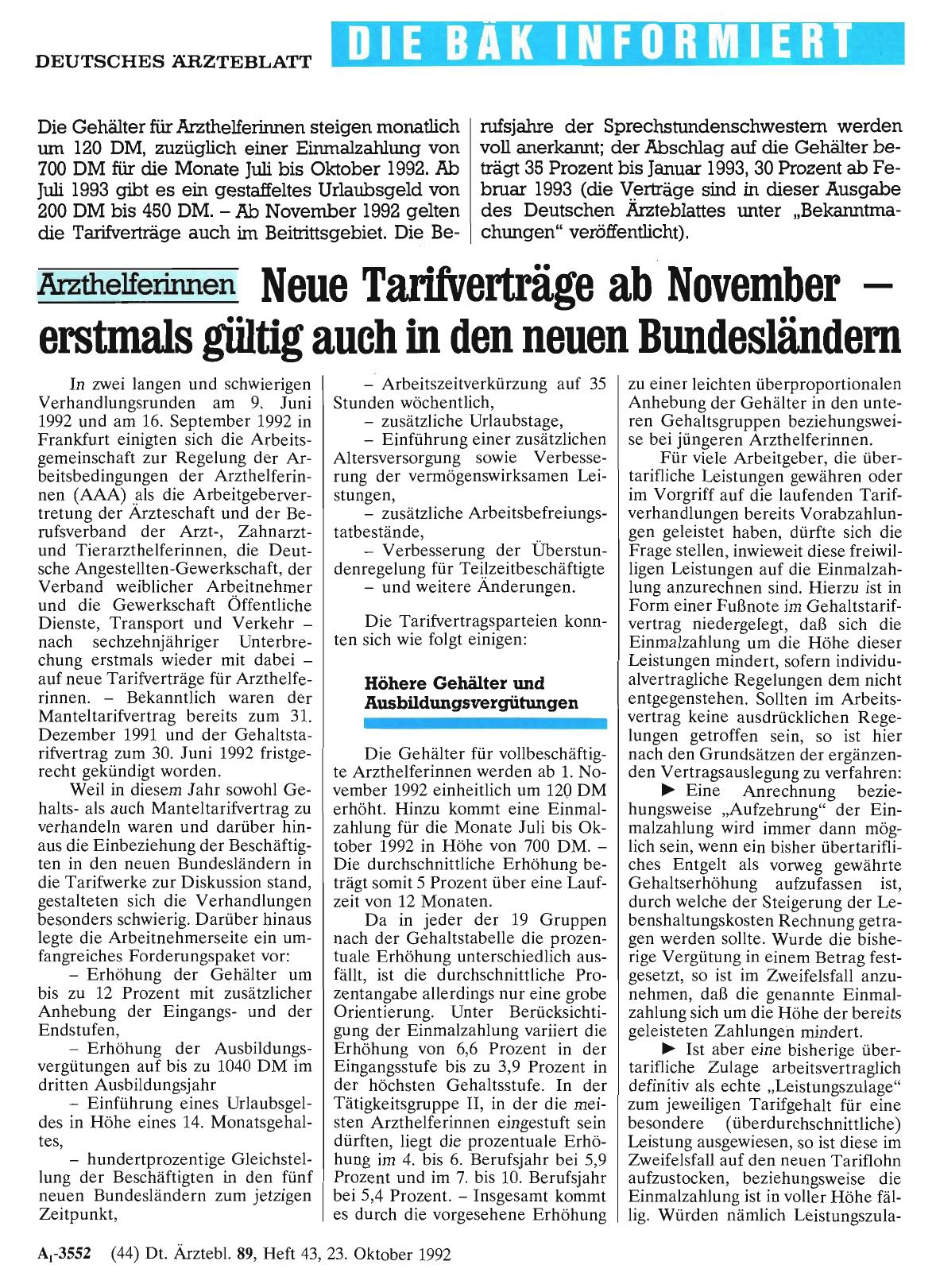 Vorschauseite 1: Arzthelferinnen: Neue Tarifverträge ab November – erstmals gültig auch in den neuen Bundesländern