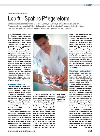 Vorschauseite 1: Krankenhausfinanzierung: Lob für Spahns Pflegereform