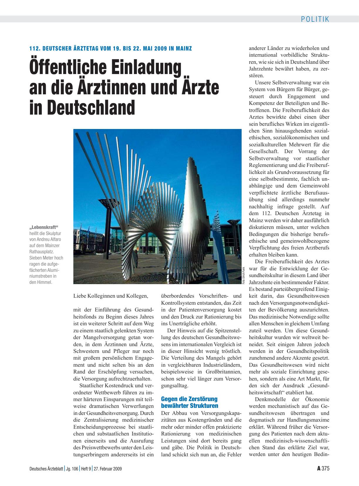 Vorschauseite 1: 112. Deutscher Ärztetag vom 19. bis 22. Mai 2009 in Mainz: Öffentliche Einladung an die Ärztinnen und Ärzte in Deutschland