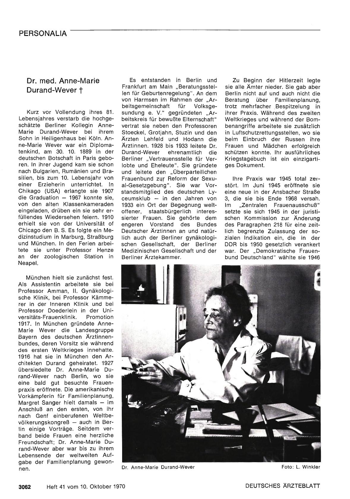 Vorschauseite 1: Dr. med. Anne-Marie Durand-Wever tot
