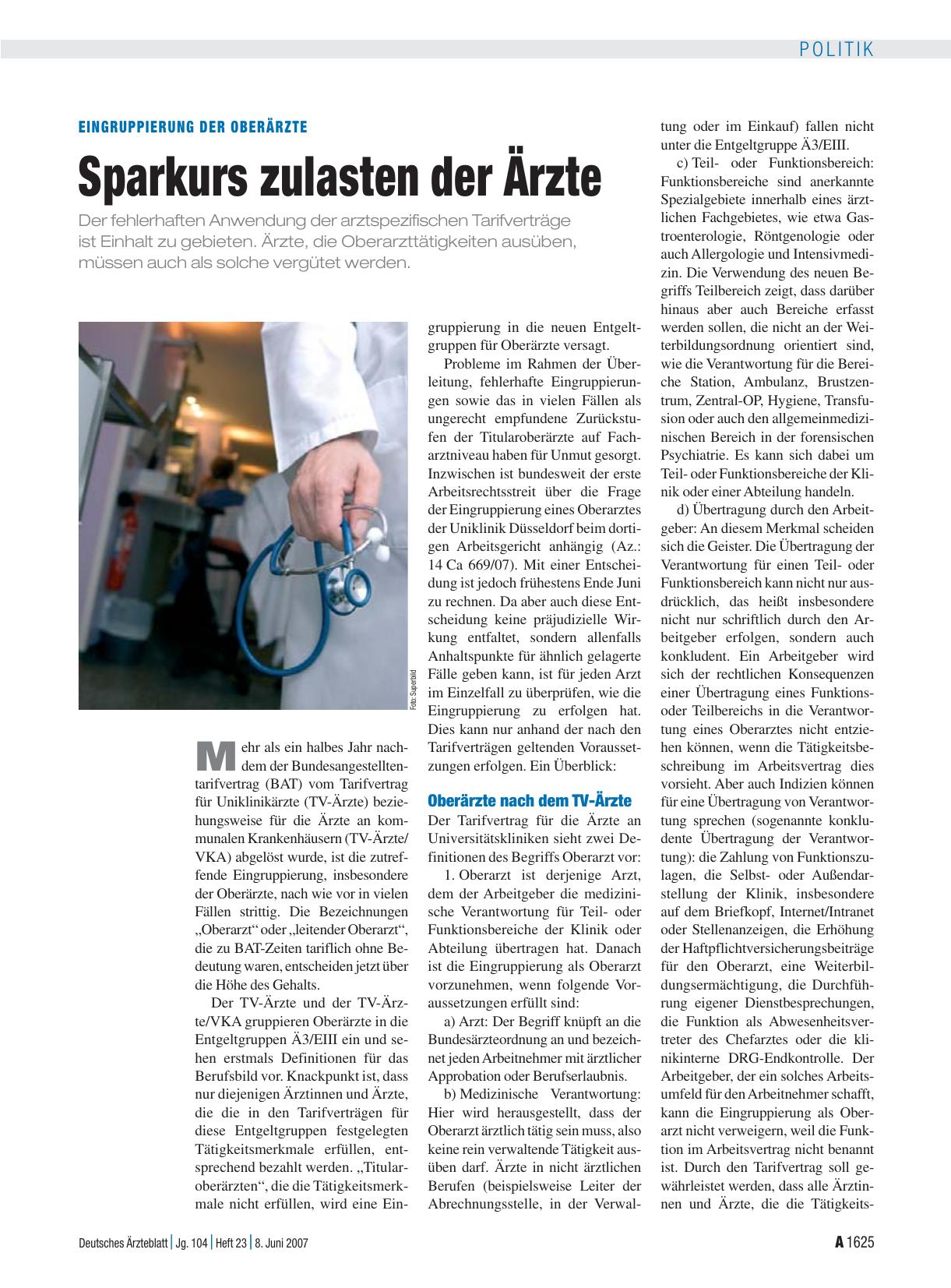Vorschauseite 1: Eingruppierung der Oberärzte: Sparkurs zulasten der Ärzte