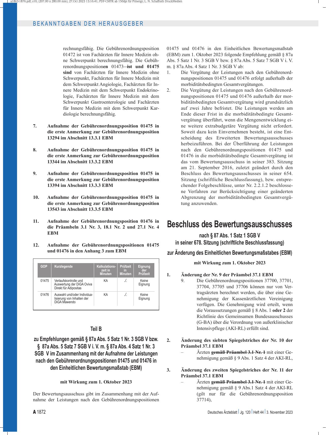 Vorschauseite 1: Beschluss des Bewertungsausschusses nach § 87 Abs. 1 Satz 1 SGB V in seiner 678. Sitzung (schriftliche Beschlussfassung) zur Änderung des Einheitlichen Bewertungsmaßstabes (EBM)