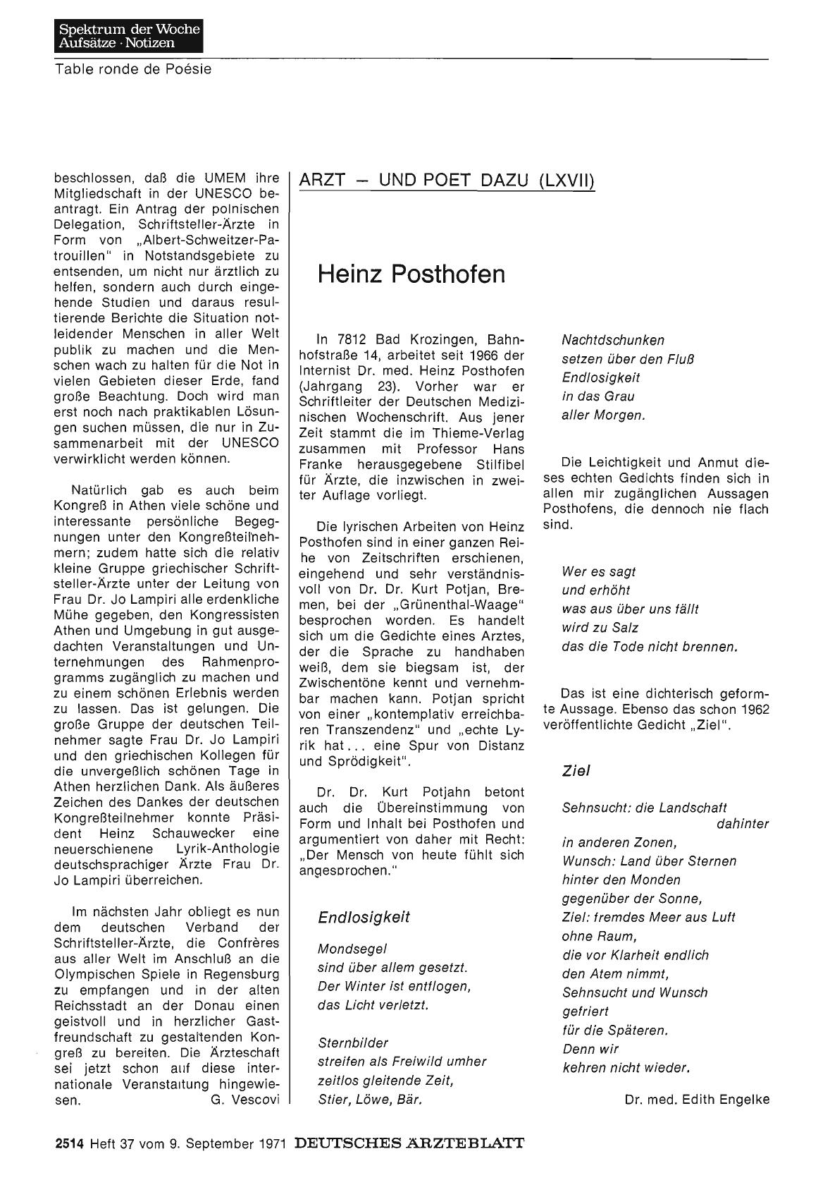 Vorschauseite 1: Arzt und Poet dazu (LXVII): Heinz Posthofen