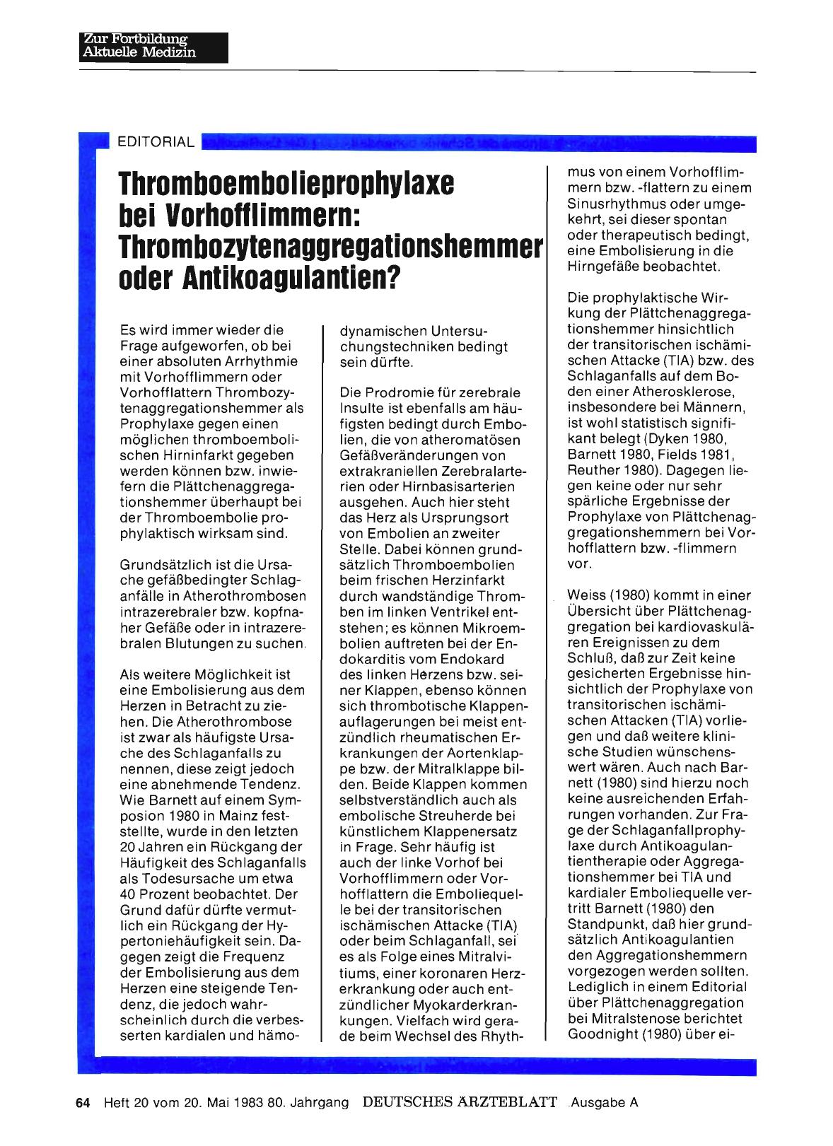 Vorschauseite 1: Thromboembolieprophylaxe bei Vorhofflimmern: Thrombozytenaggregationshemmer oder Antikoagulantien?