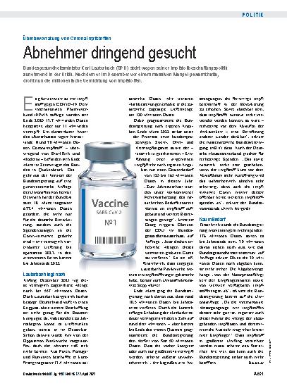 Vorschauseite 1: Überbevorratung von Coronaimpfstoffen: Abnehmer dringend gesucht