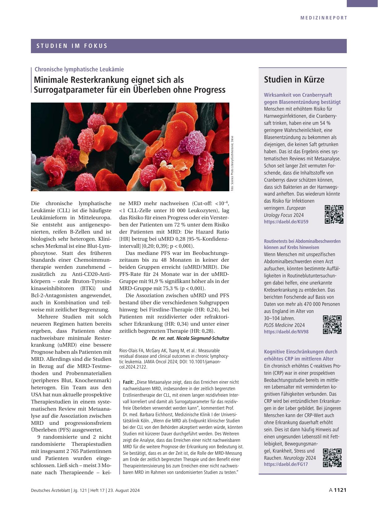 Vorschauseite 1: Chronische lymphatische Leukämie: Minimale Resterkrankung eignet sich als Surrogatparameter für ein Überleben ohne Progression.