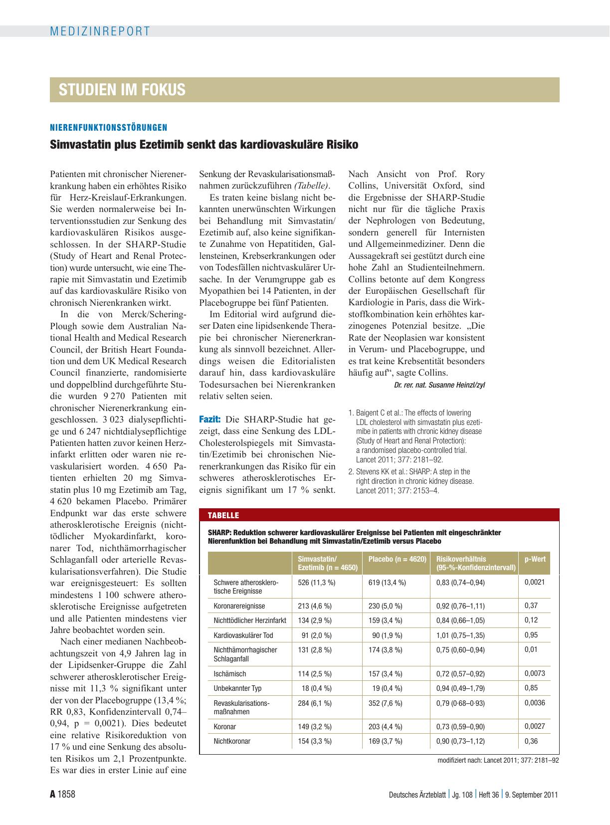 Vorschauseite 1: Nierenfunktionsstörungen: Simvastatin plus Ezetimib senkt das kardiovaskuläre Risiko