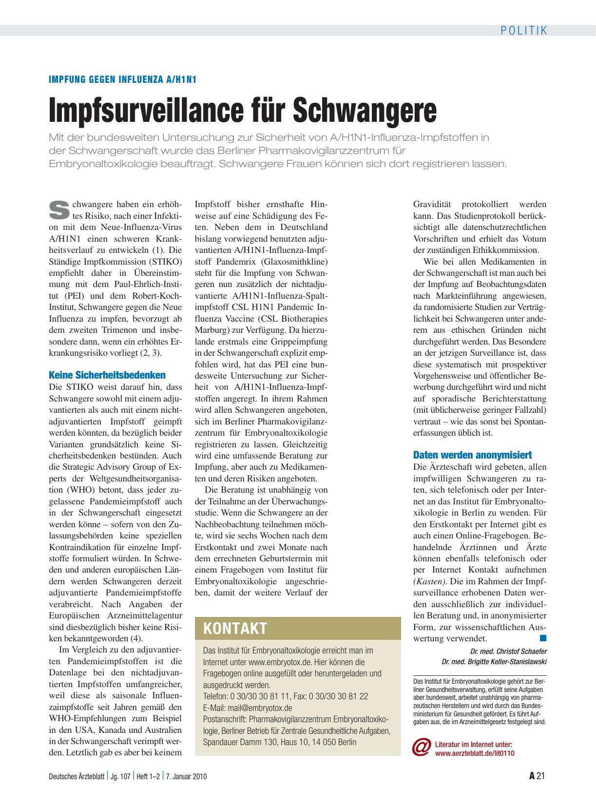 Vorschauseite 1: Impfung gegen Influenza A/H1N1: Impfsurveillance für Schwangere
