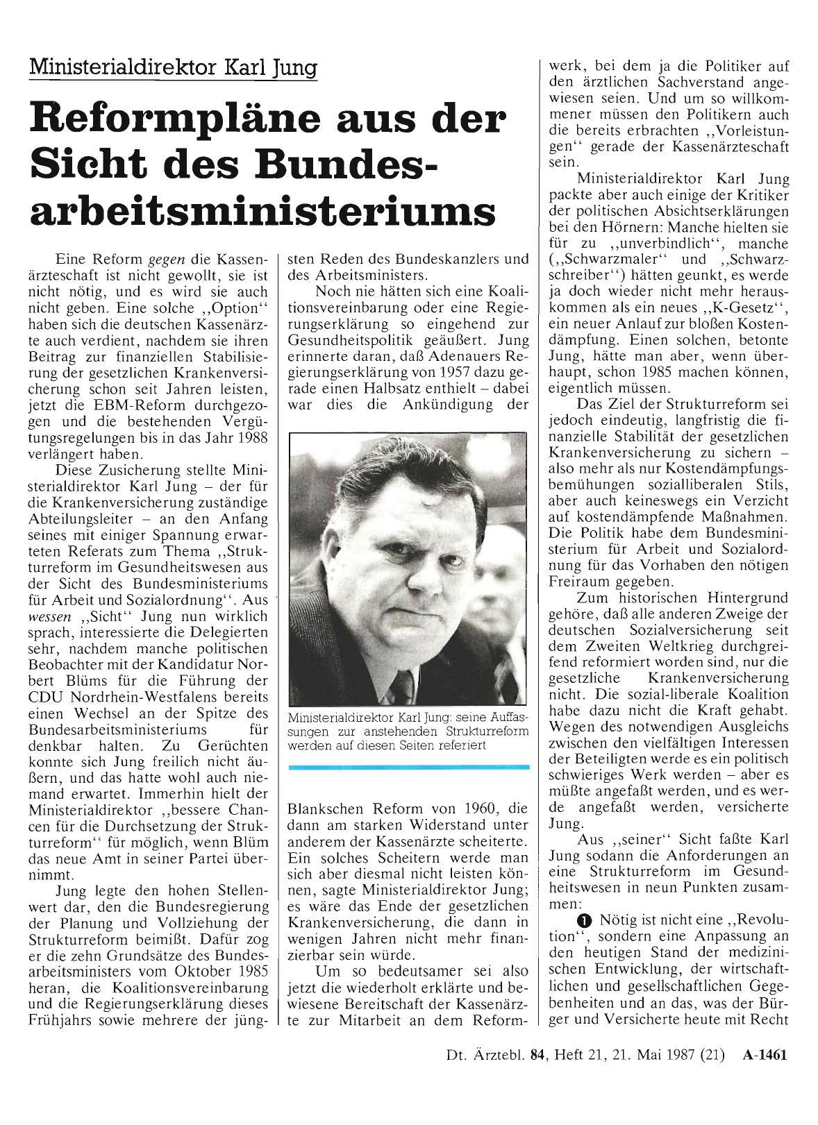 Vorschauseite 1: Ministerialdirektor Karl Jung: Reformpläne aus der Sicht des Bundesarbeitsministeriums