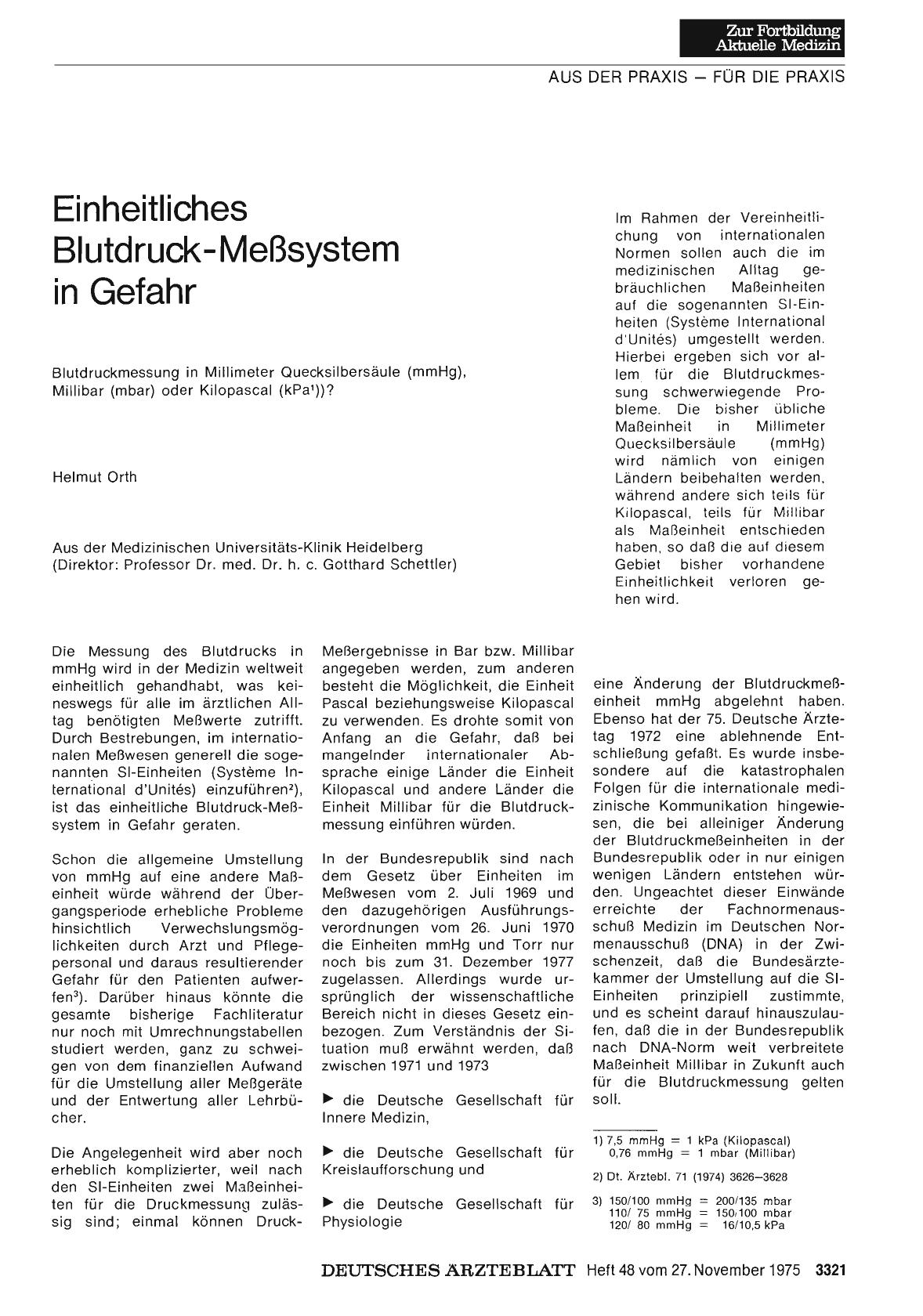 Vorschauseite 1: Einheitliches Blutdruck-Meßsystem in Gefahr: Blutdruckmessung in Millimeter Quecksilbersäule (mmHg), Millibar (mbar) oder Kilopascal (kPa 1))?