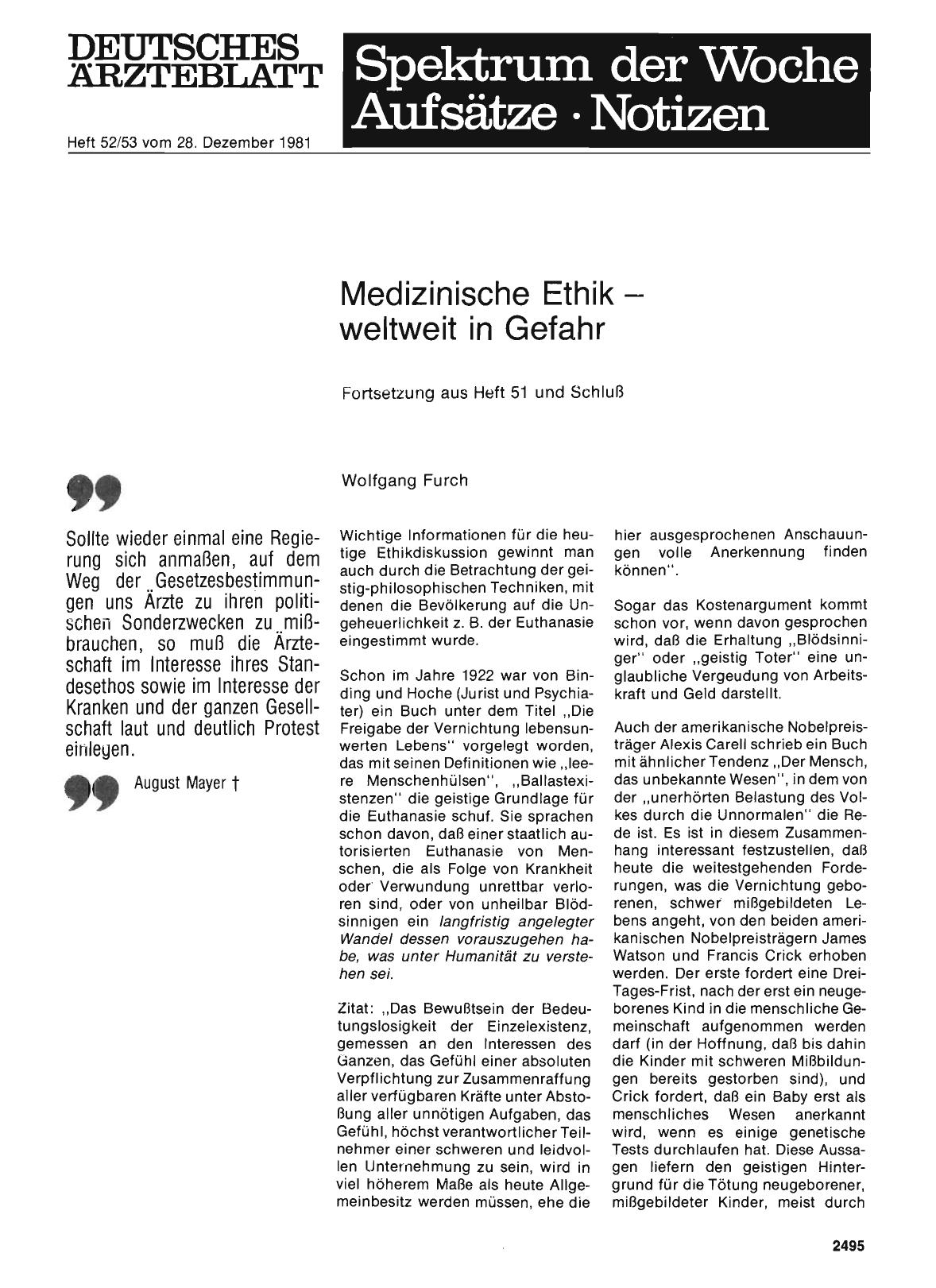 Vorschauseite 1: Medizinische Ethik — weltweit in Gefahr (Fortsetzung aus Heft 51 und Schluß)