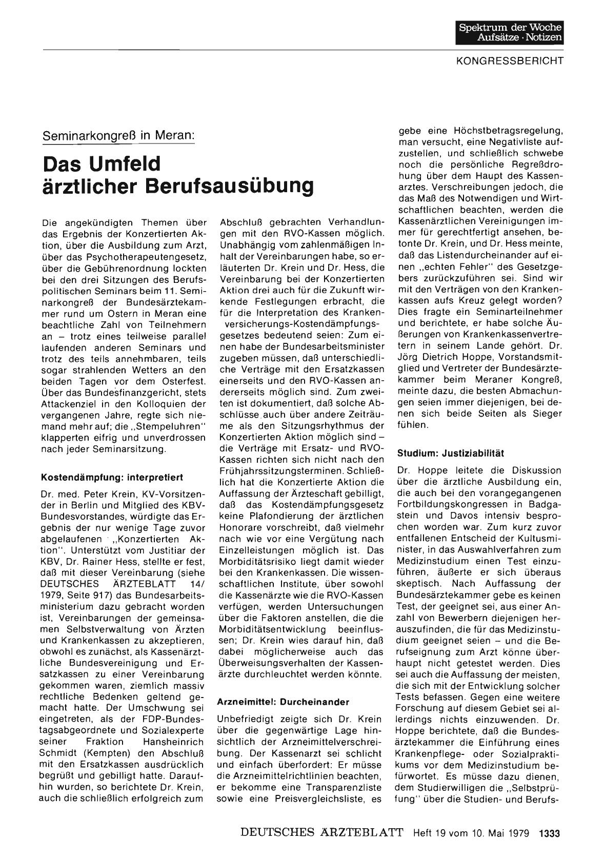 Vorschauseite 1: Seminarkongreß in Meran: Das Umfeld ärztlicher Berufsausübung