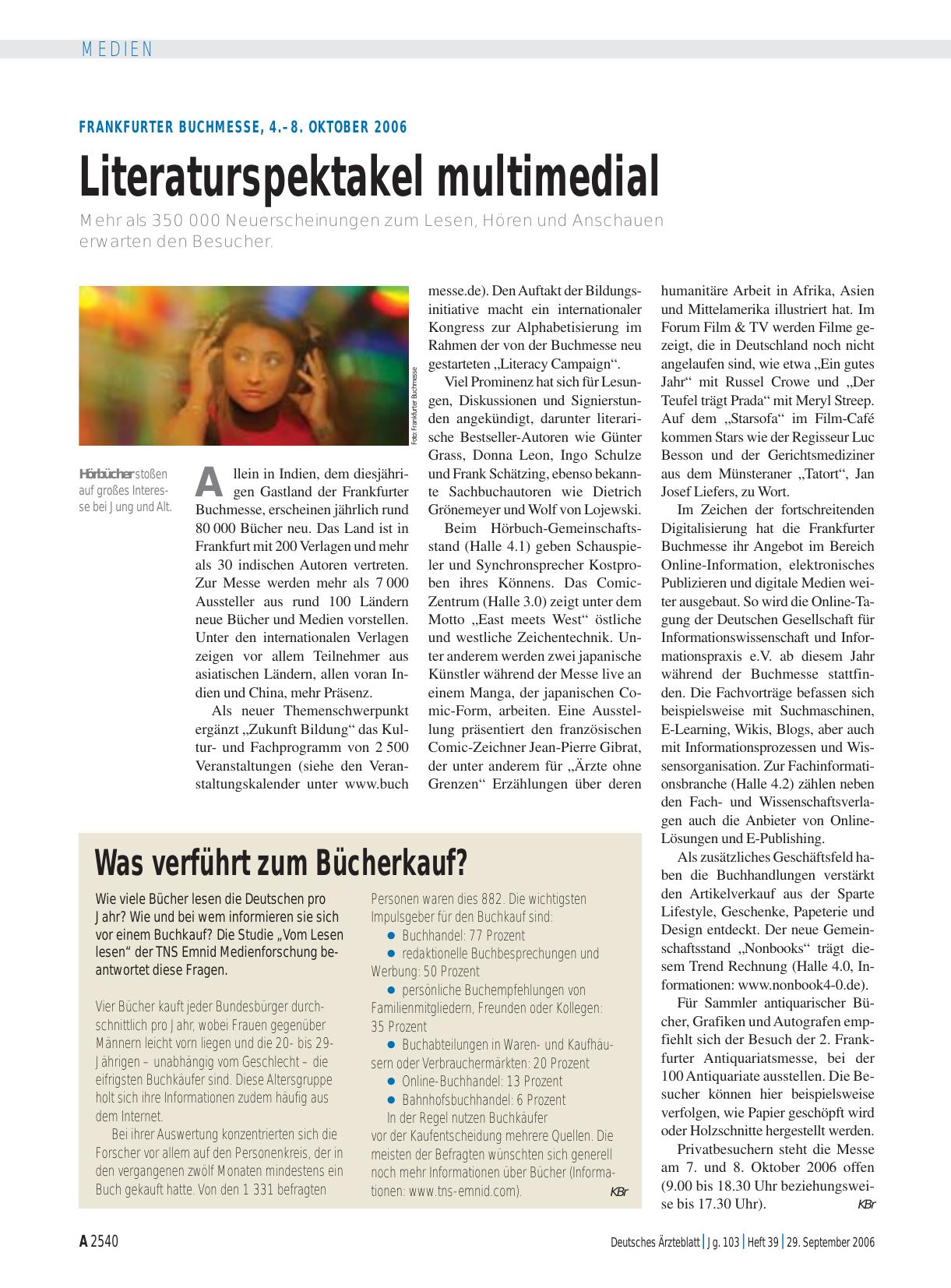 Vorschauseite 1: Frankfurter Buchmesse, 4. – 8. Oktober 2006: Literaturspektakel multimedial