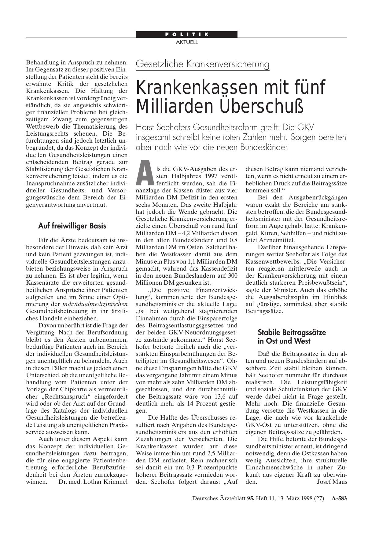 Vorschauseite 1: Gesetzliche Krankenversicherung: Krankenkassen mit fünf Milliarden Überschuß