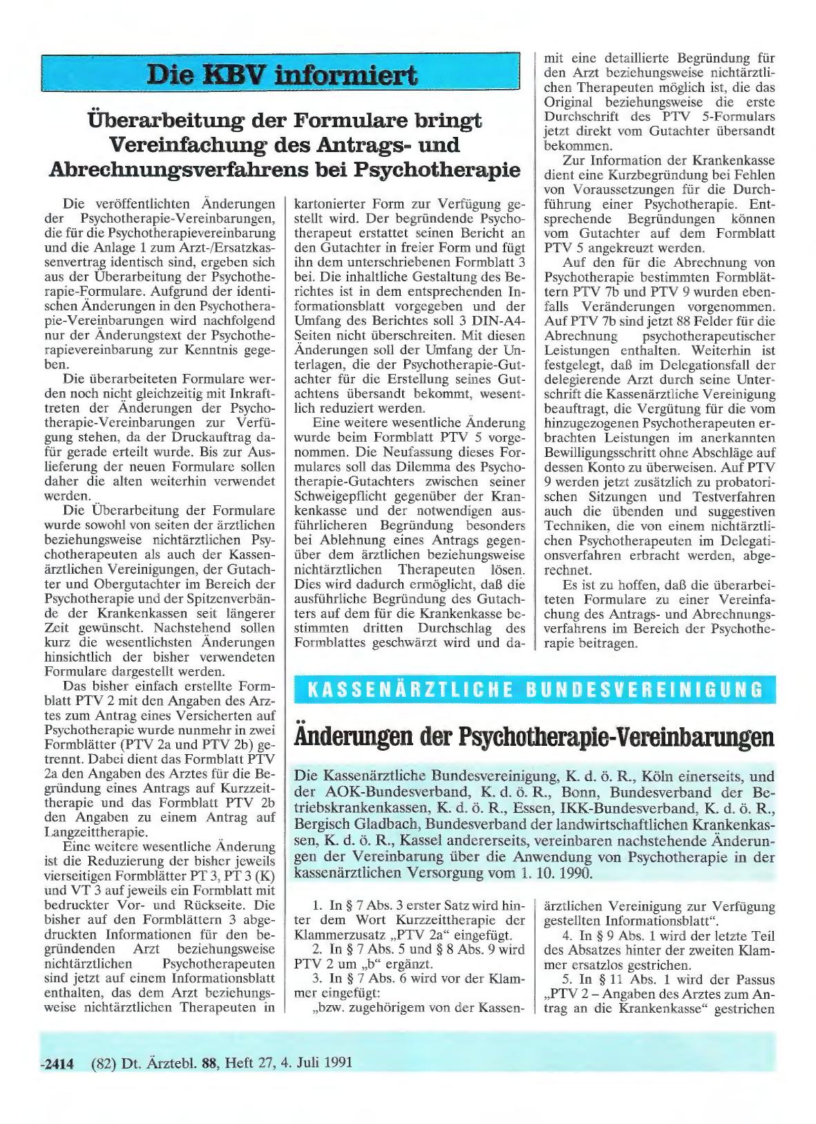 Vorschauseite 1: Überarbeitung der Formulare bringt Vereinfachung des Antragsund Abrechnungsverfahrens bei Psychotherapie