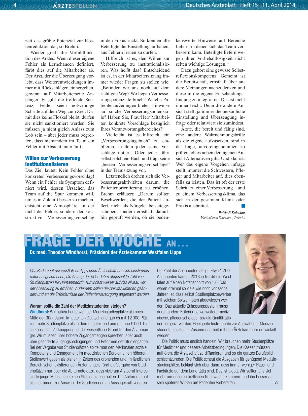 Vorschauseite 1: Frage der Woche an. .. Dr. med. Theodor Windhorst, Präsident der Ärztekammer Westfalen Lippe