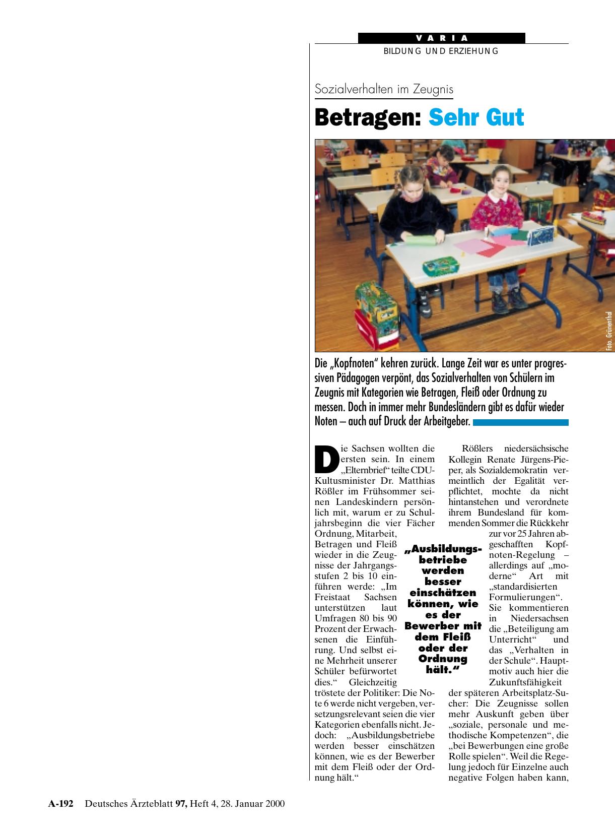 Vorschauseite 1: Sozialverhalten im Zeugnis – Betragen: Sehr Gut