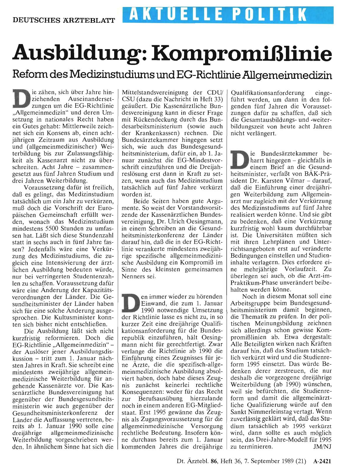 Vorschauseite 1: Ausbildung: Kompromißlinie Reform des Medizinstudiums und EG-Richtlinie Allgemeinmedizin