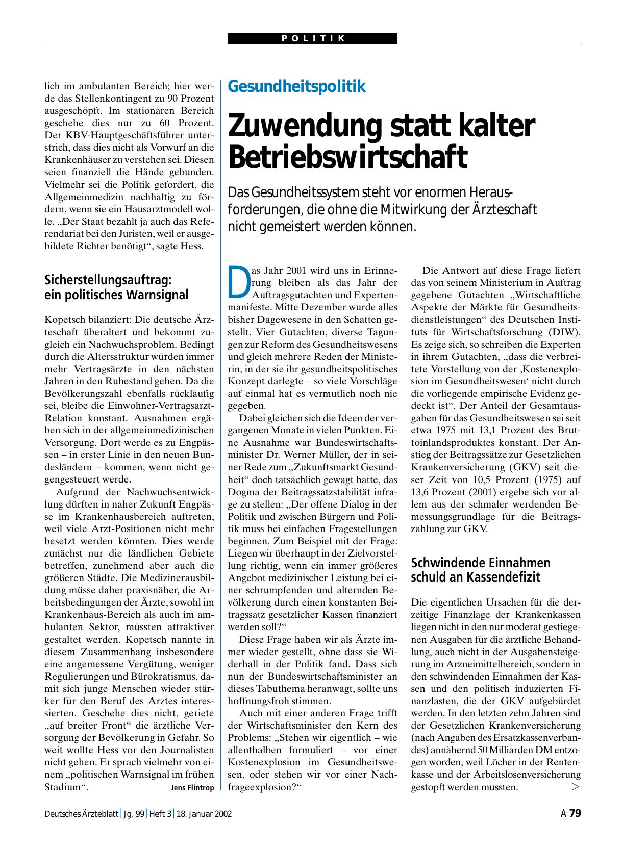 Vorschauseite 1: Gesundheitspolitik: Zuwendung statt kalter Betriebswirtschaft