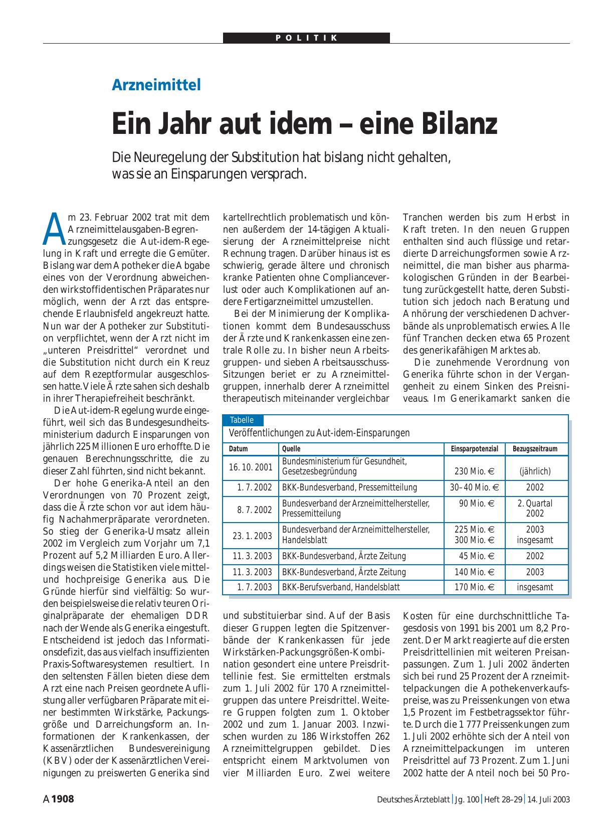 Vorschauseite 1: Arzneimittel: Ein Jahr aut idem – eine Bilanz