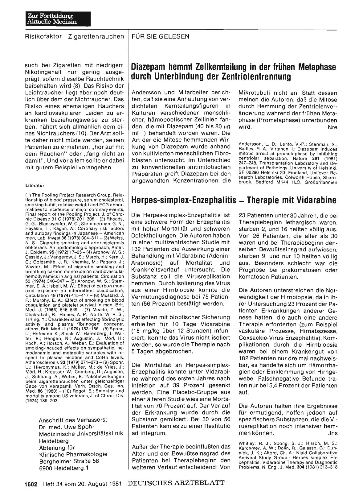 Vorschauseite 1: Herpes-simplex-Enzephalitis — Therapie mit Vidarabine