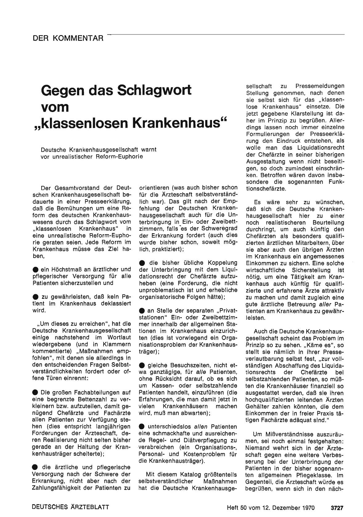 Vorschauseite 1: Gegen das Schlagwort vom „klassenlosen Krankenhaus"