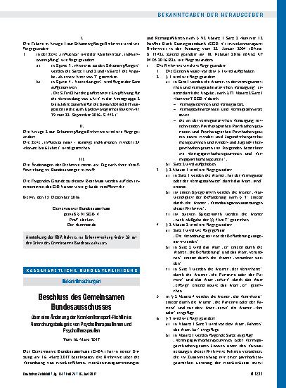 Vorschauseite 1: Beschluss des Gemeinsamen Bundesausschusses über eine Änderung der Krankentransport-Richtlinie: Verordnungsbefugnis von Psychotherapeutinnen und Psychotherapeuten