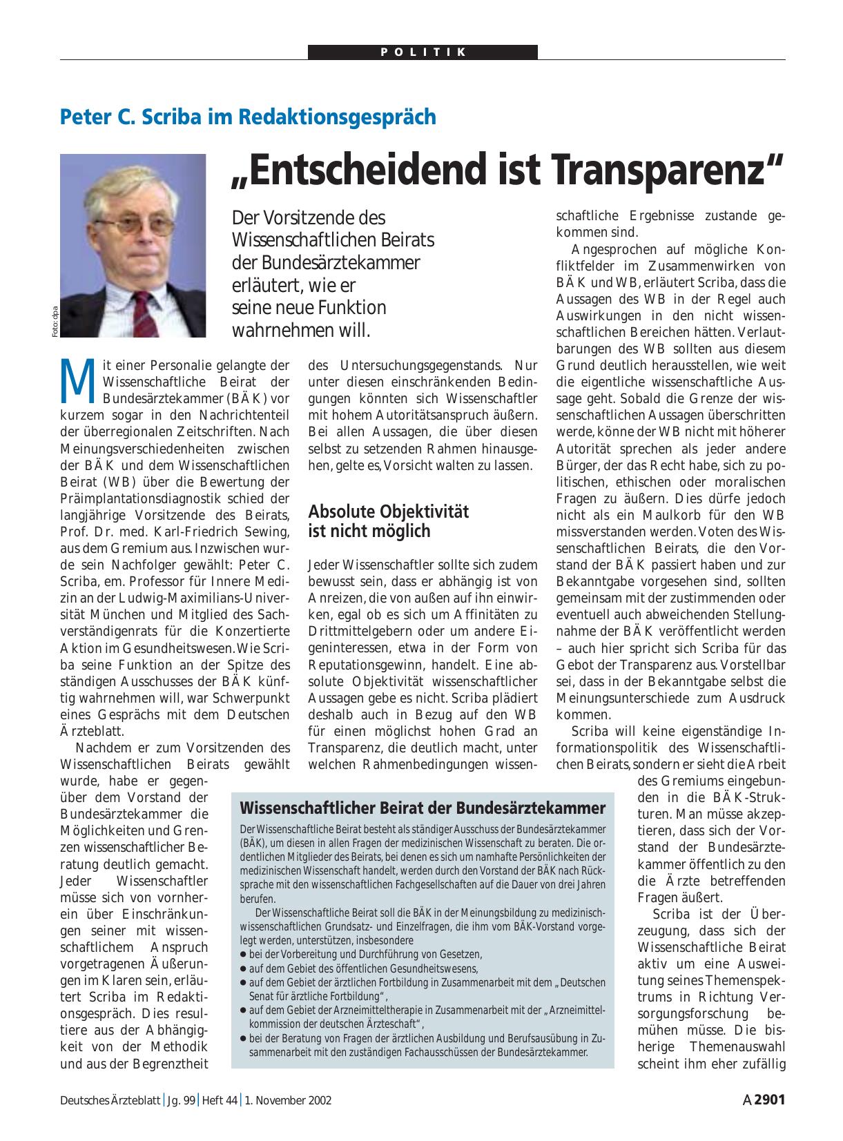 Vorschauseite 1: Peter C. Scriba im Redaktionsgespräch: „Entscheidend ist Transparenz“