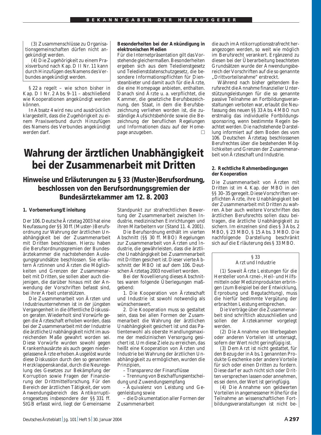 Vorschauseite 1: Wahrung der ärztlichen Unabhängigkeit bei der Zusammenarbeit mit Dritten