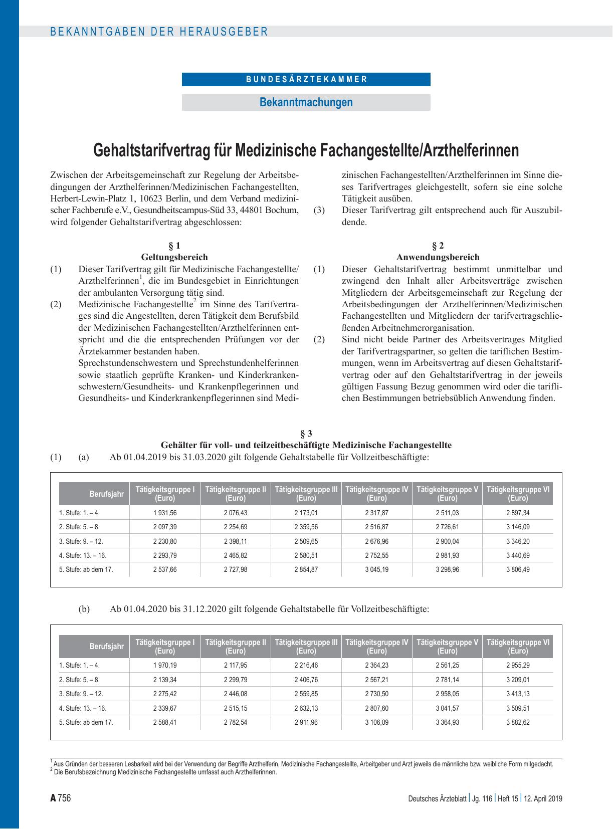 Vorschauseite 1: Gehaltstarifvertrag für Medizinische Fachangestellte/Arzthelferinnen