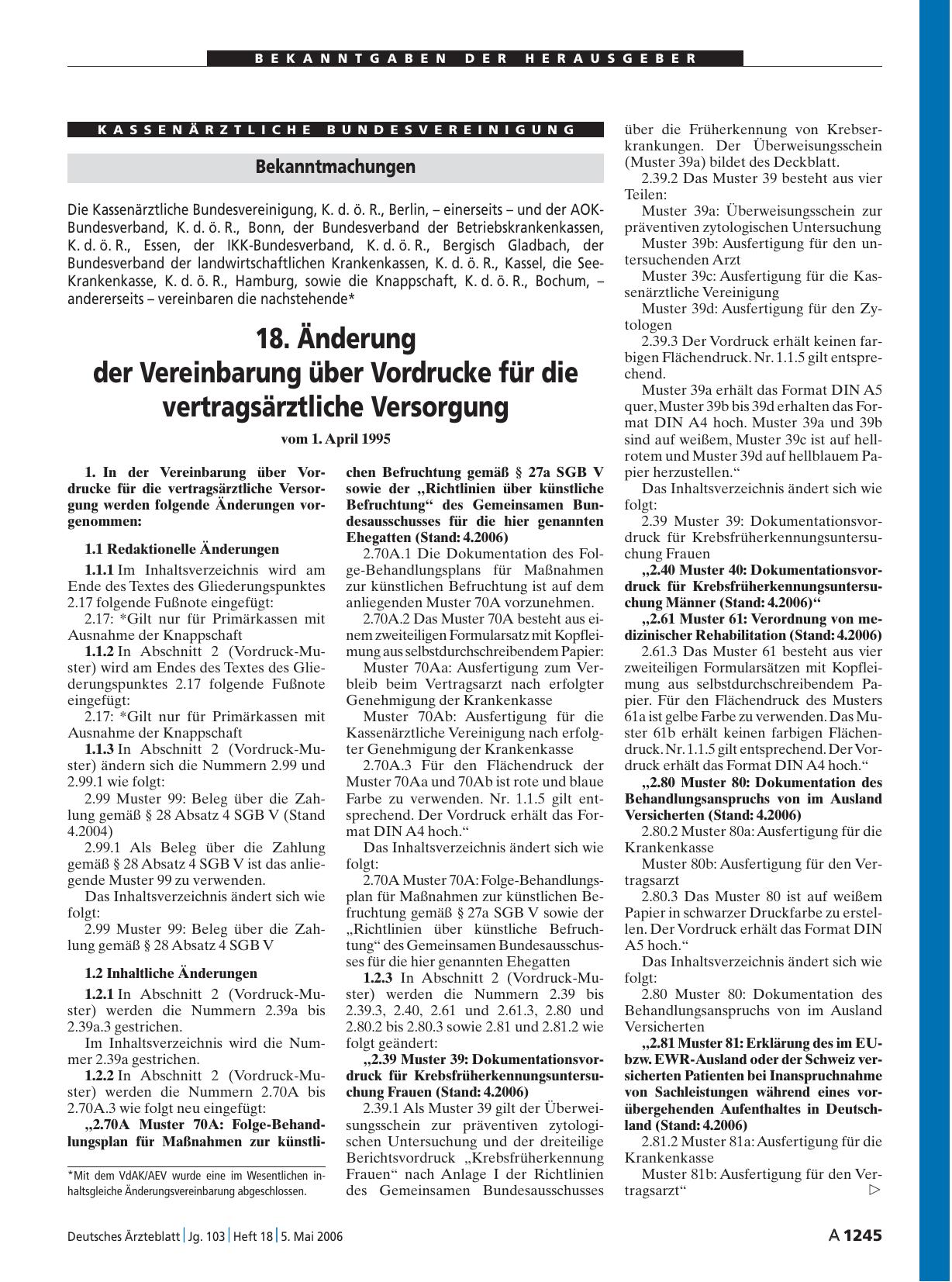 Vorschauseite 1: Bekanntmachungen: 18. Änderung der Vereinbarung über Vordrucke für die vertragsärztliche Versorgung vom 1. April 1995