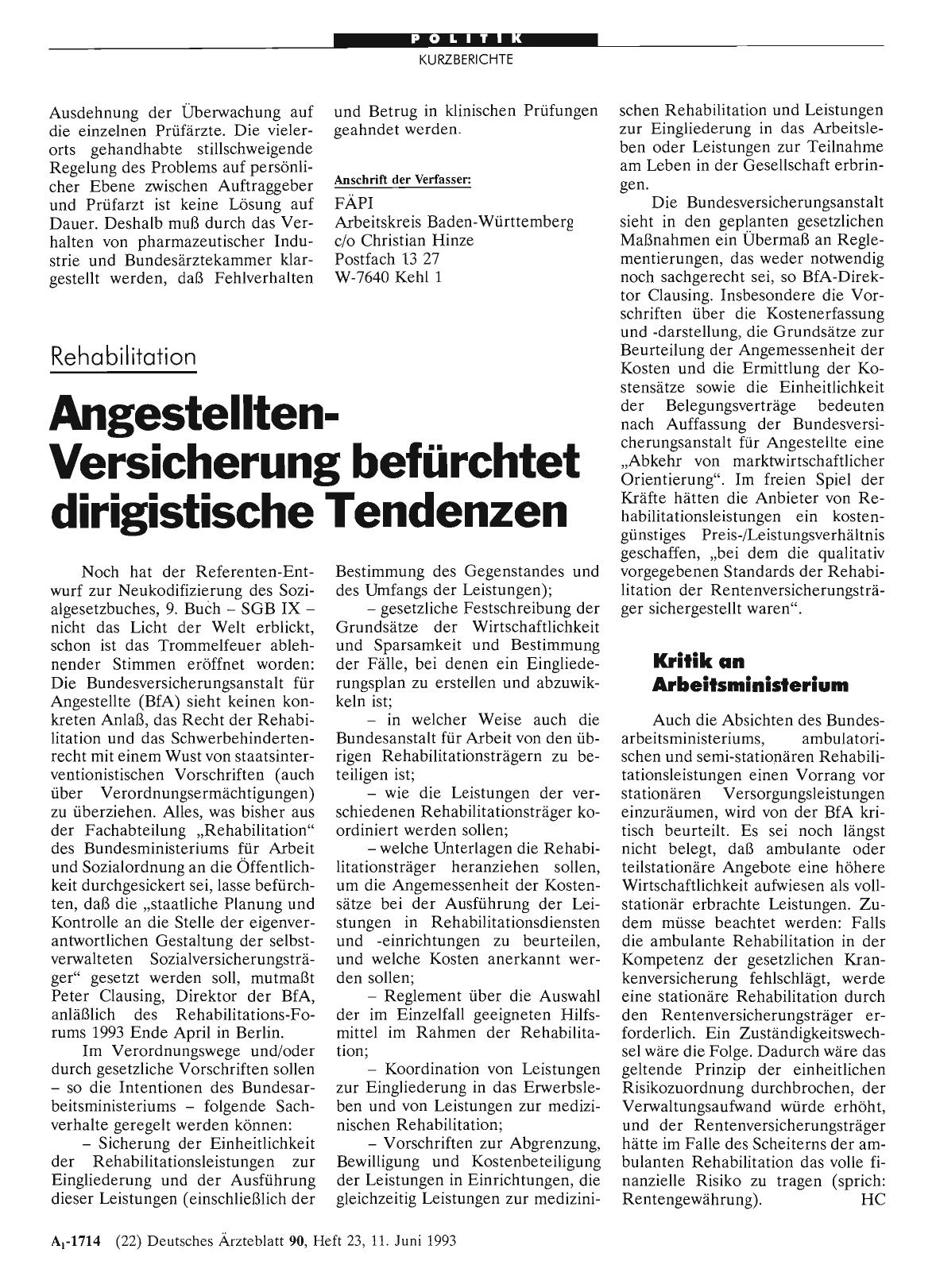 Vorschauseite 1: Rehabilitation: Angestellten-Versicherung befürchtet dirigistische Tendenzen