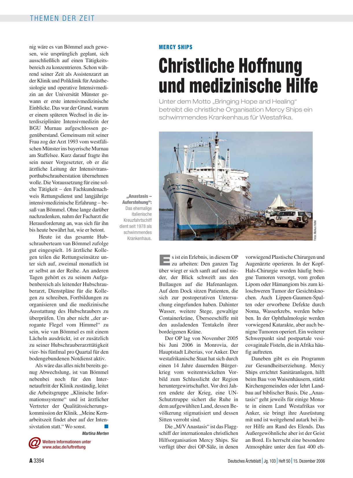 Vorschauseite 1: Mercy Ships: Christliche Hoffnung und medizinische Hilfe